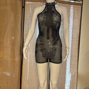 Black Rhinestone Halter Mini Dress